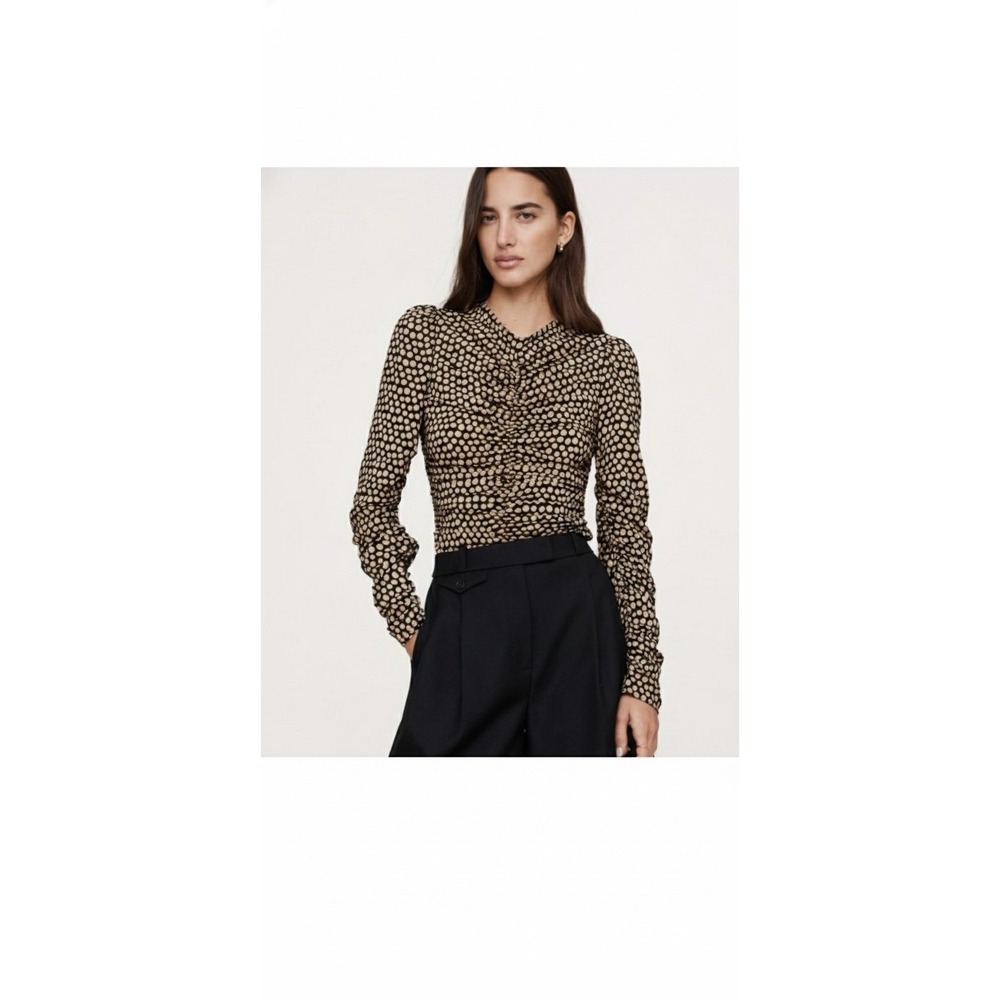 🤑Banana Republic 🖤 Twist Crepe Ruched Blouse camel&black Polkadot  $129  Sz Xs